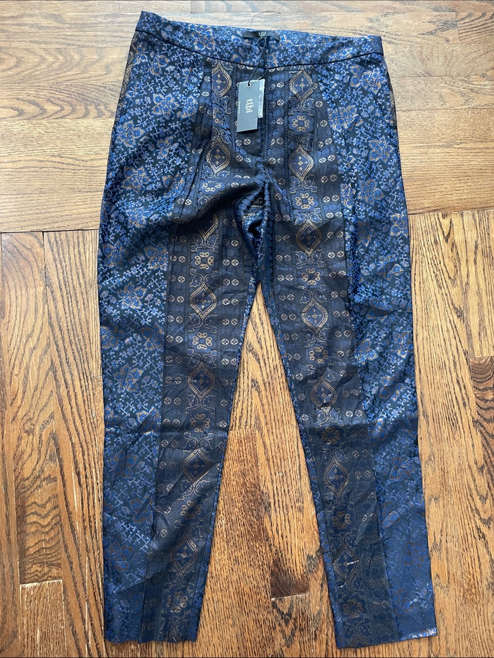 NWT Tibi Size 4 Blue Metallic Floral Jacquard Tailored Trousers Brocade